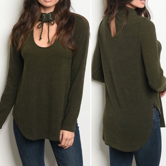 Trend Setter Diva Boutique Item Tops - OLIVE RIBBED KNIT CHOKER TOP
